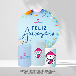 KIT FESTA PERSONALIZADO HELANCA PLUS 0.120 G/M2 1,50m x 1,50m 4x0 COR - IMPRESSÃO ULTRA HD SUBLIMÁTICA EPSON ESTRUTURA E CILINDROS NÃO INCLUSOS COSTURA OVERLOQUE COM ELÁSTICO 01 TECIDO REDONDO E 03 TECIDOS CILÍNDRICOS